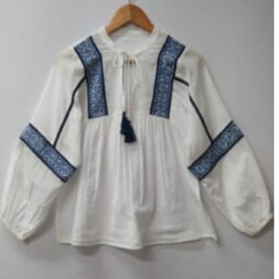 Ivory top with indigo panel embroidery