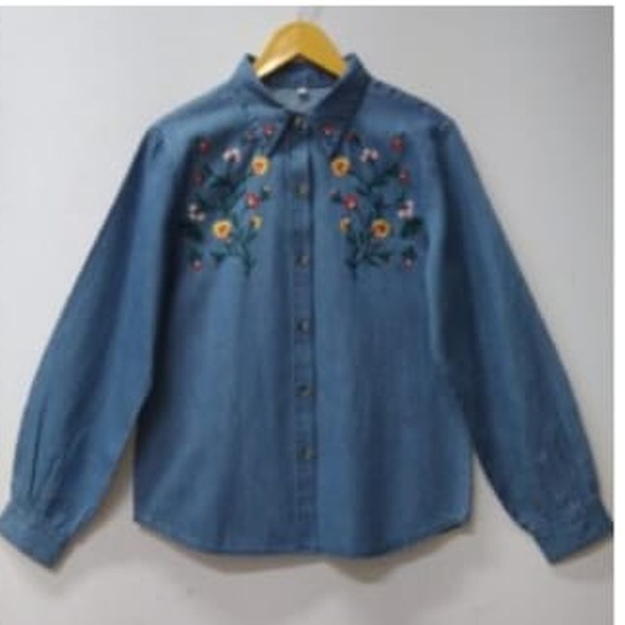 Embroidered denim shirting fabric