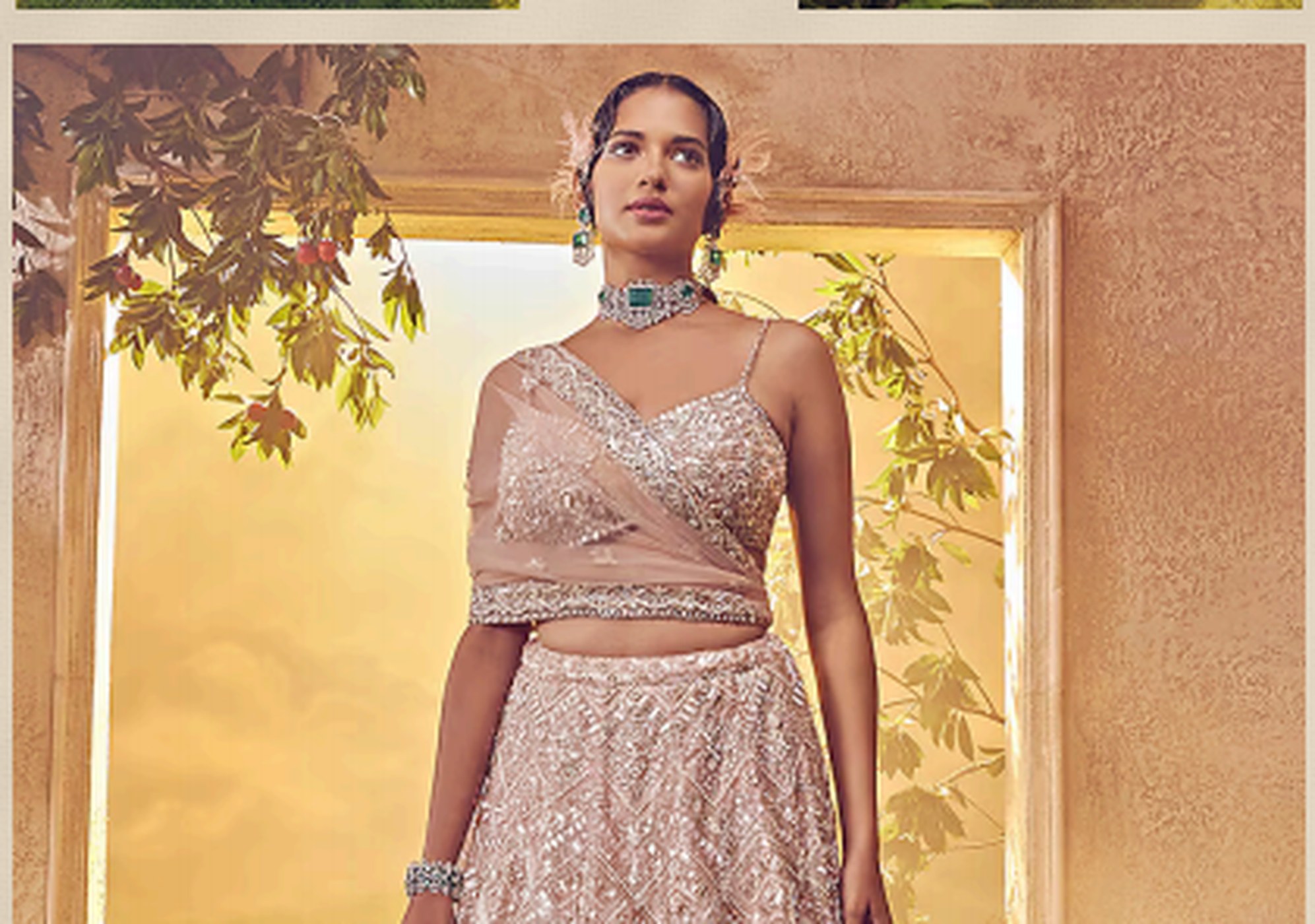 Embellished occasionwear fabric styled on model
